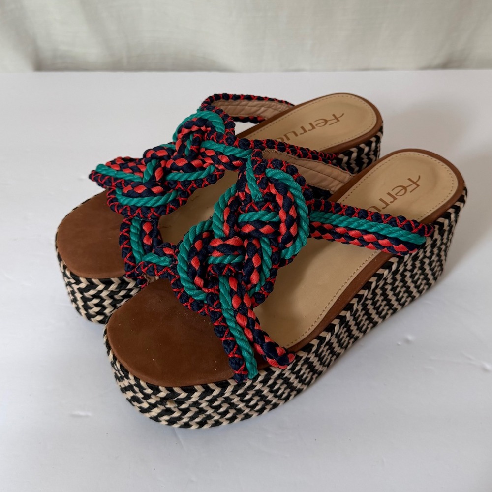 Ferrucci Womens Braided Rope Platform Slide Sandals Teal Red Navy Chevron Woven
